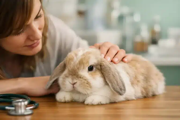 Lapin allongé sur une table examiné par une femme avec stéthoscope, situation évoquant un lapin qui ne mange plus.