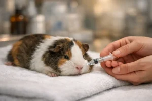 Cochon d’Inde plus mou allongé sur une serviette recevant de l’eau ou un soin à la seringue