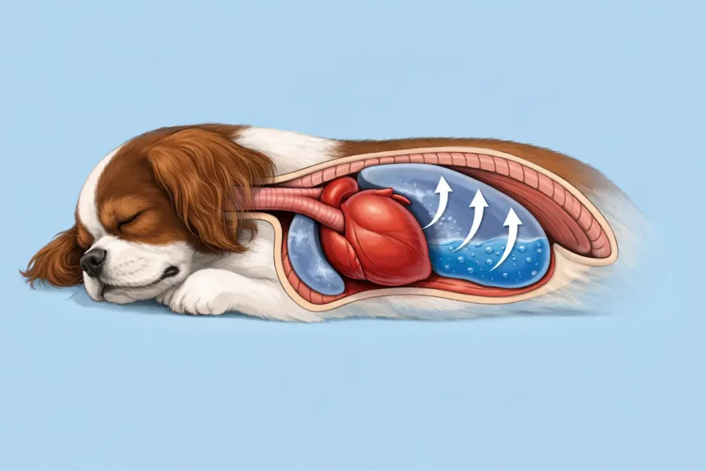 Schéma de toux cardiaque chez le chien montrant le cœur et les poumons avec accumulation de liquide.