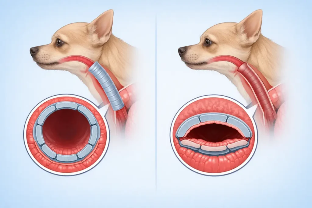 Infographie du collapsus trachéal chez le chien montrant l’affaissement du cartilage de la trachée comparé à une trachée normale.