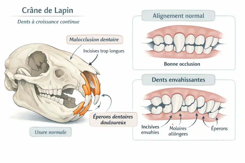 Infographie des problèmes dentaires chez le lapin montrant malocclusion, incisives trop longues et éperons dentaires