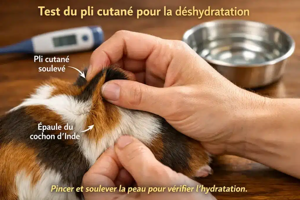 Test du pli cutané chez un cochon d’Inde pour évaluer la déshydratation en pinçant la peau au niveau de l’épaule.