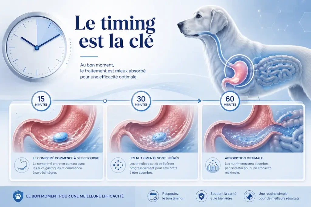 Infographie timing vomissement comprimé chien montrant dissolution, libération et absorption du médicament dans l’estomac.