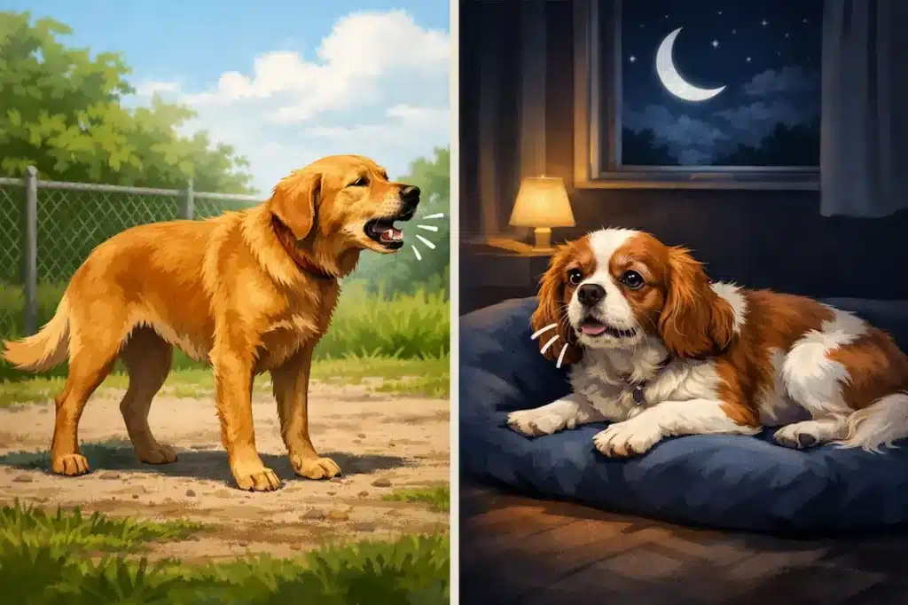 Différents types de toux nocturne chez le chien illustrés entre toux en journée et la nuit.