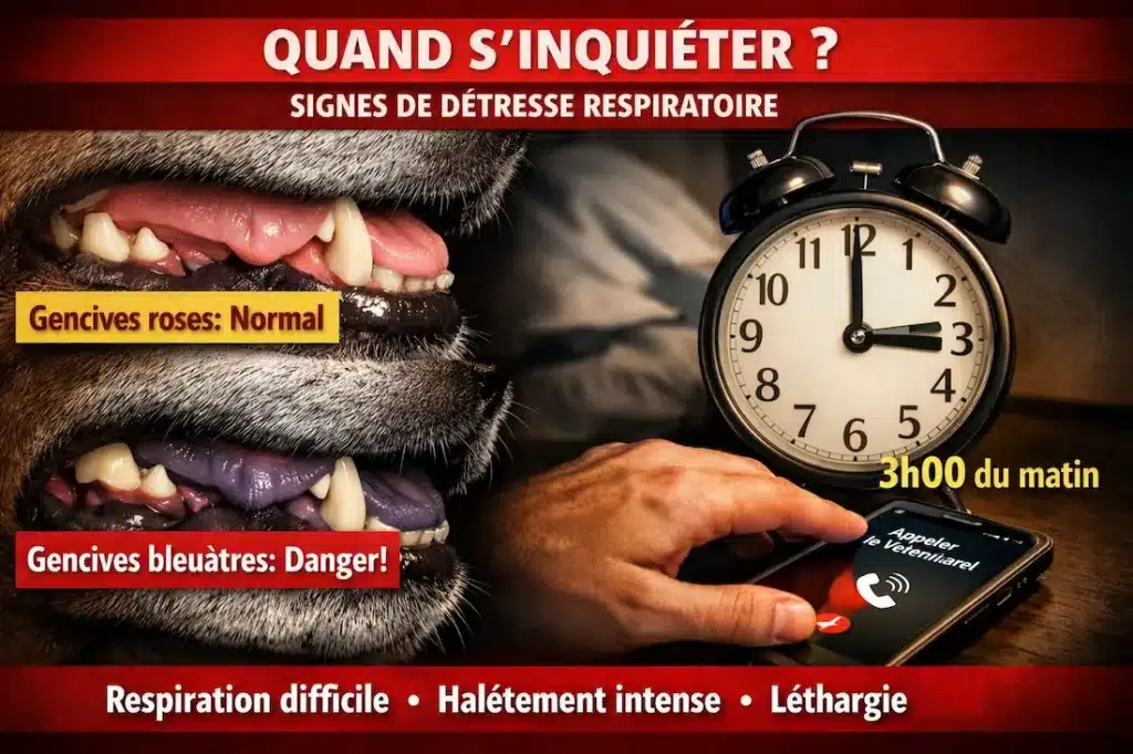 Signes de détresse respiratoire chez le chien avec gencives bleutées et toux nocturne à surveiller.
