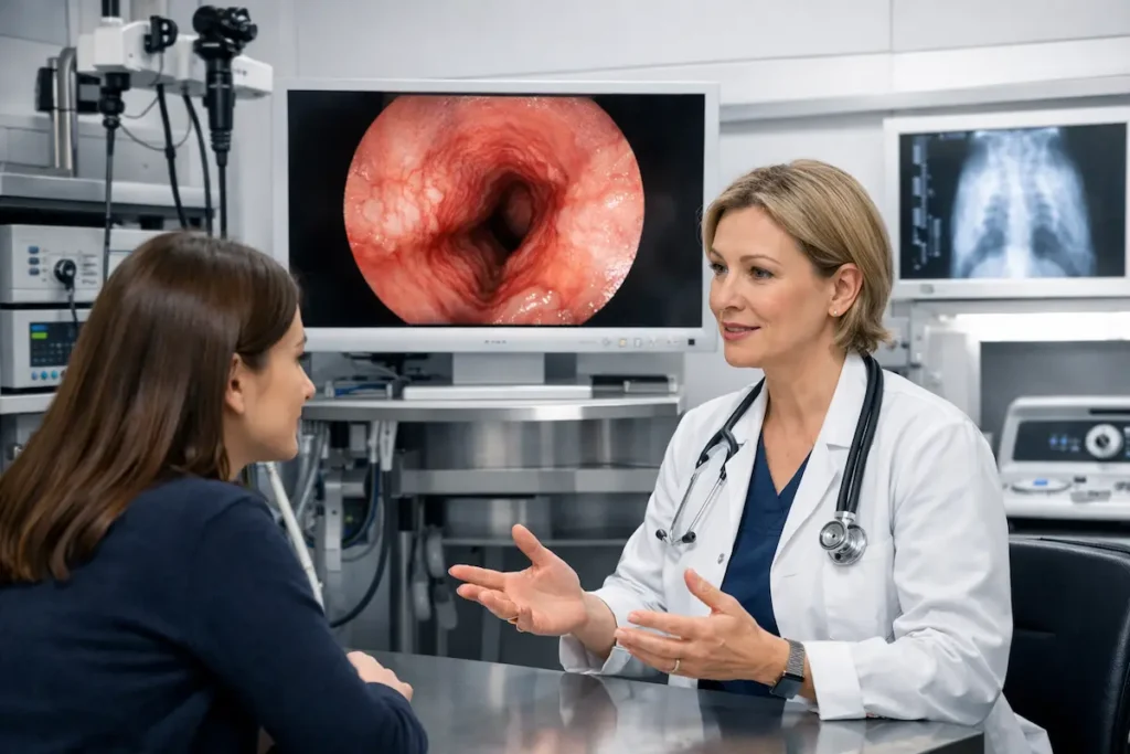 Consultation vétérinaire avec image d’endoscopie des voies respiratoires illustrant le diagnostic du collapsus trachéal.