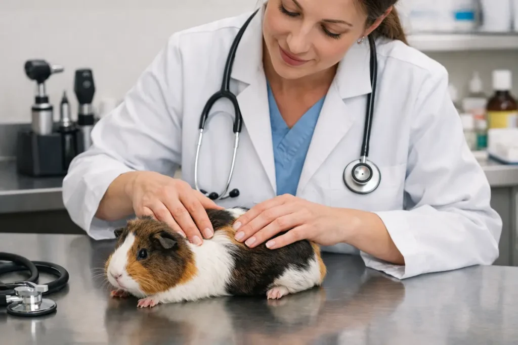Consultation vétérinaire d’un cochon d’Inde plus mou examiné sur une table par un vétérinaire.