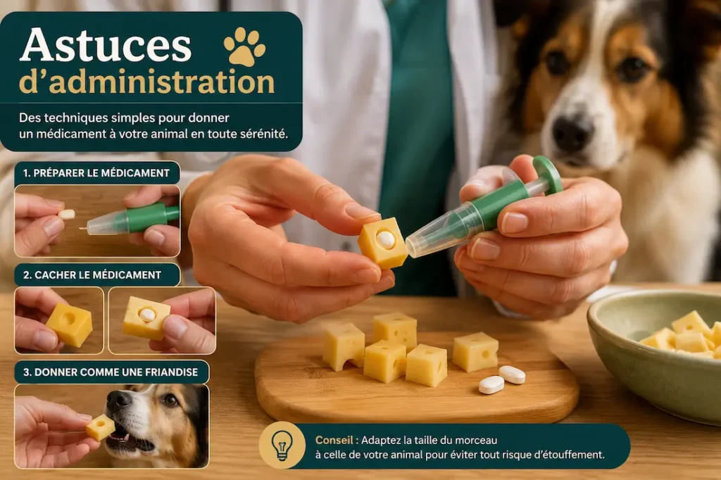 Techniques pour administrer comprimés au chien en cachant le médicament dans du fromage et avec une seringue orale.