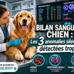 Bilan sanguin chien réalisé en clinique avec analyse affichant anomalies comme anémie et insuffisance rénale.