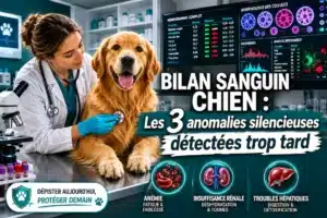 Bilan sanguin chien réalisé en clinique avec analyse affichant anomalies comme anémie et insuffisance rénale.