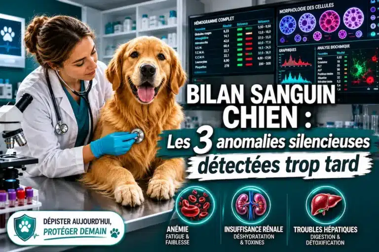 Bilan sanguin chien réalisé en clinique avec analyse affichant anomalies comme anémie et insuffisance rénale.