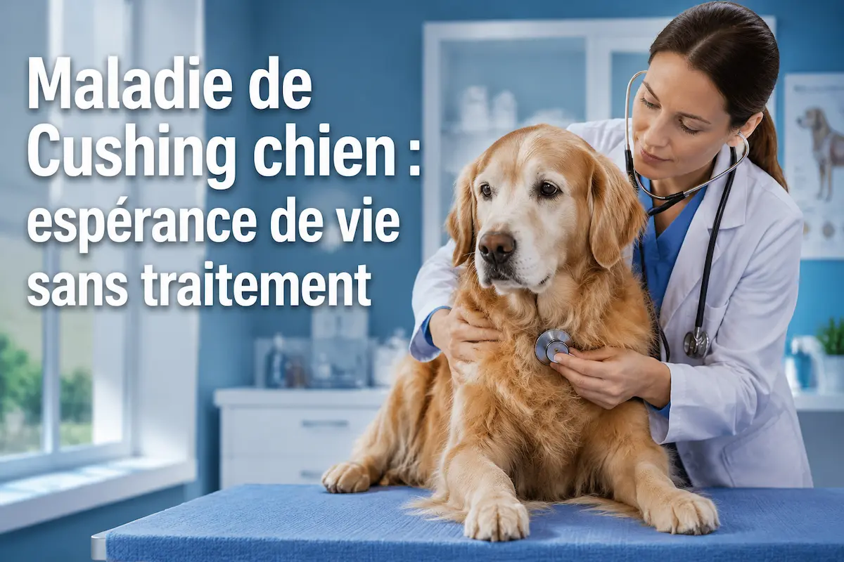 Chien examiné par un vétérinaire en clinique avec mention maladie de Cushing chien sans traitement.