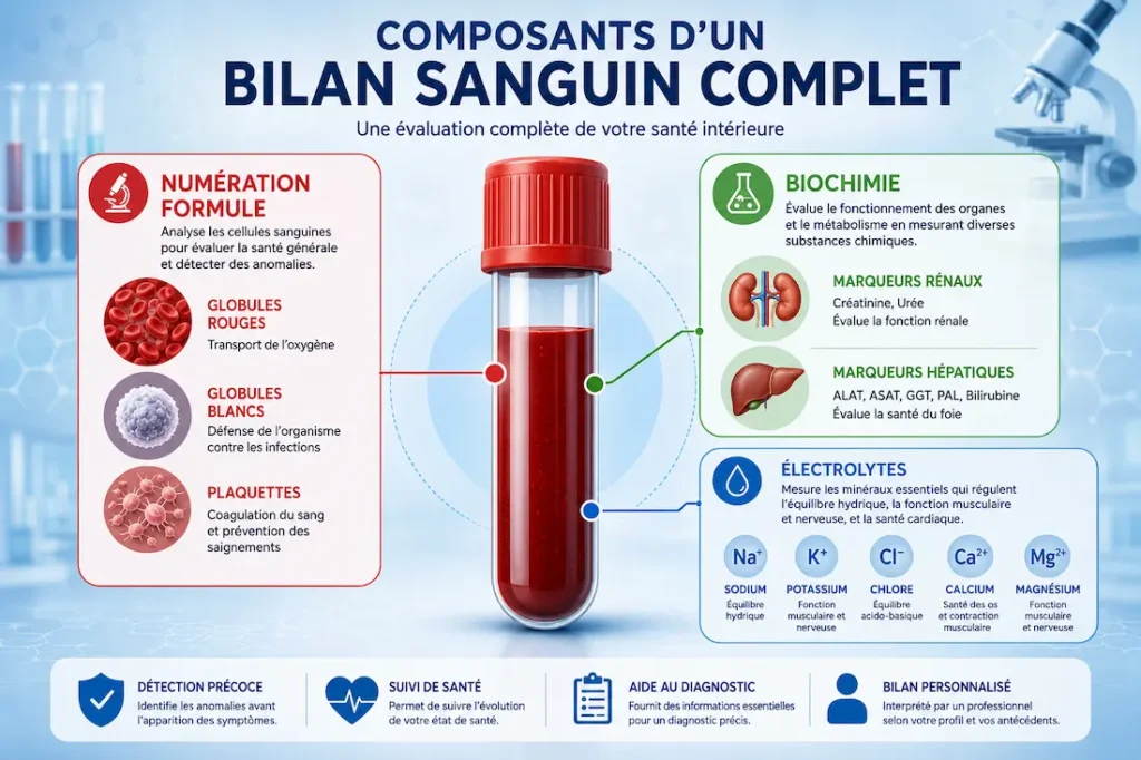 Infographie des composants d’un bilan sanguin avec numération, biochimie et électrolytes.