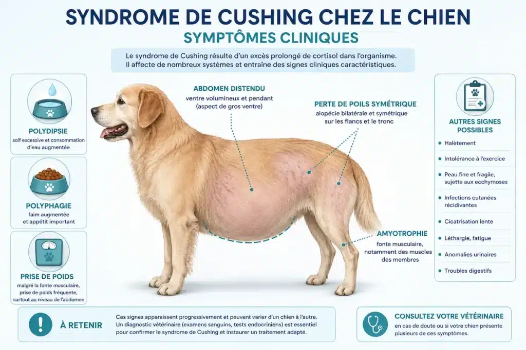 Infographie des signes de la maladie de Cushing chez le chien avec abdomen distendu et perte de poils.