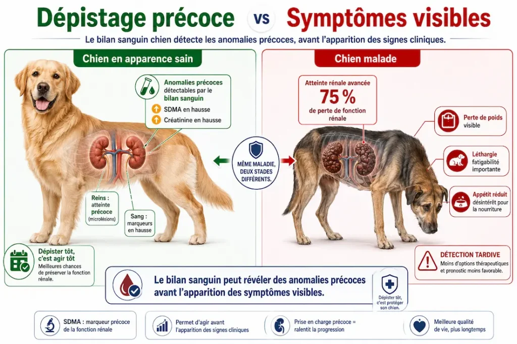 Infographie sur le dépistage précoce chez le chien comparant bilan sanguin et symptômes visibles.