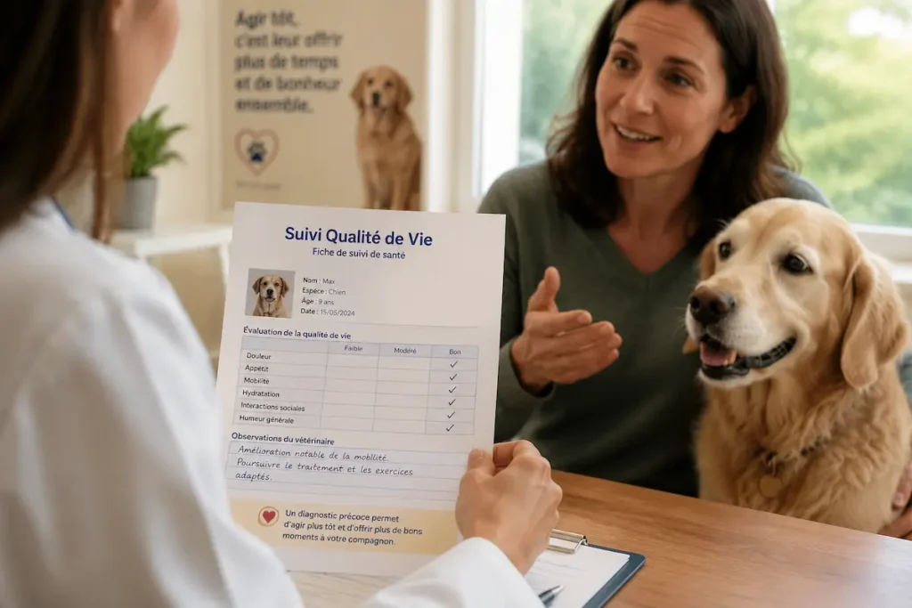 Consultation vétérinaire avec suivi qualité de vie pour chien atteint de la maladie de Cushing.