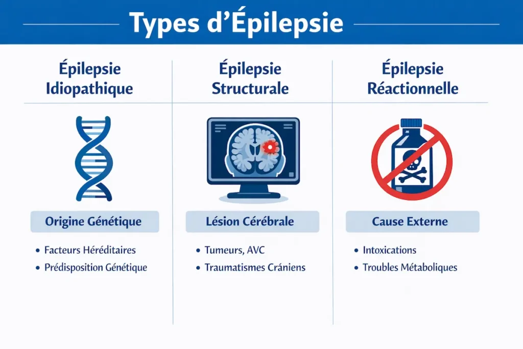 Infographie montrant les 3 types d’épilepsie chez le chien : idiopathique, structurelle et réactionnelle avec leurs causes principales.
