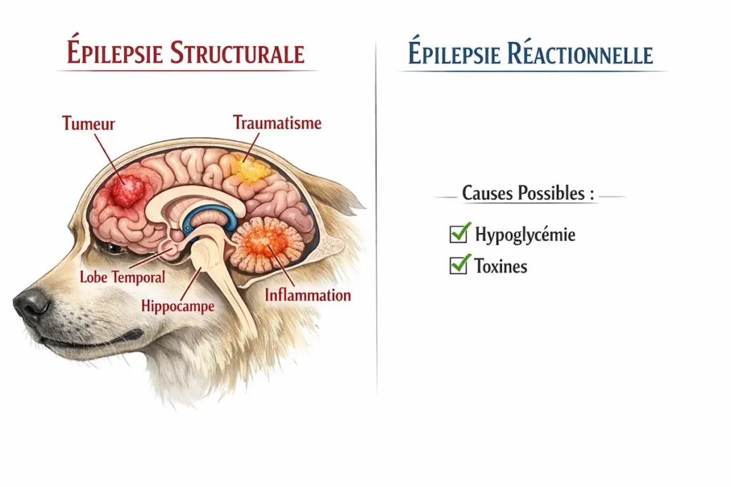 Infographie comparant l’épilepsie structurale et réactionnelle chez le chien avec lésions cérébrales et causes externes comme hypoglycémie et toxines.