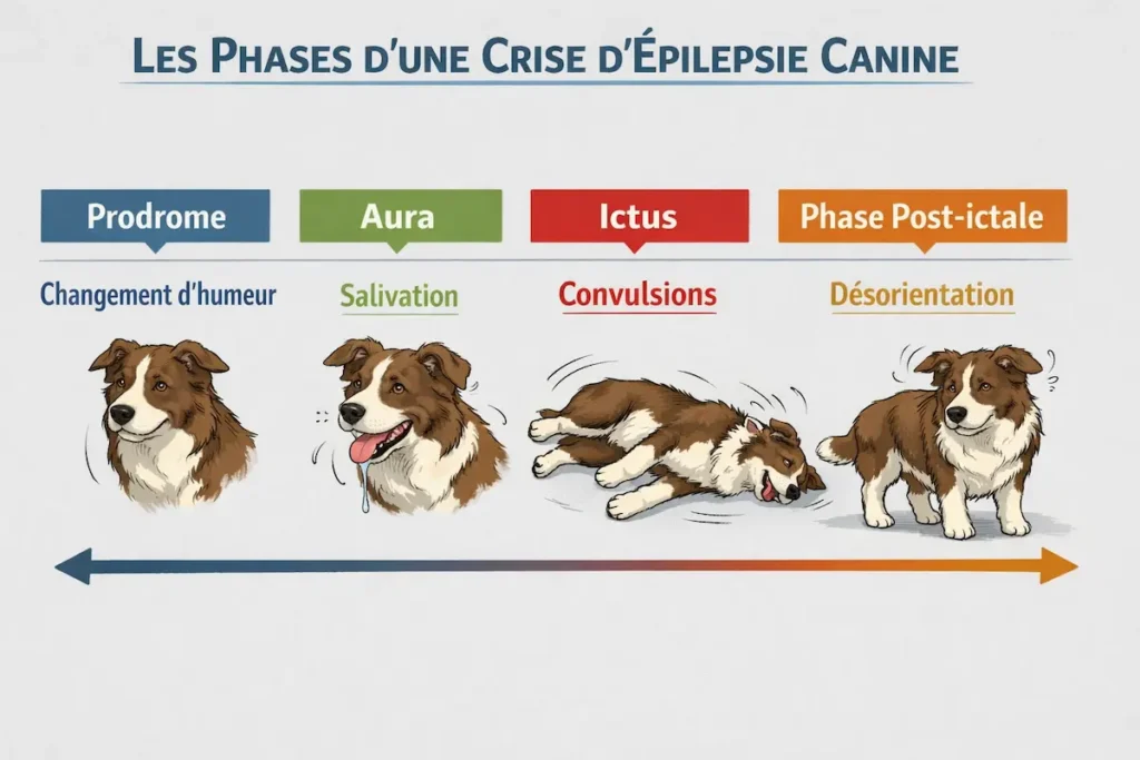 Infographie des phases d’une crise d’épilepsie chez le chien : prodrome, aura, ictus avec convulsions et phase post-ictale avec désorientation.