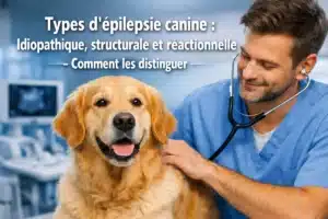 Types d’épilepsie chez le chien avec vétérinaire examinant un chien et mention idiopathique, structurelle et réactionnelle.