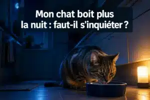 Chat qui boit de l’eau la nuit dans un bol en intérieur, éclairage nocturne.