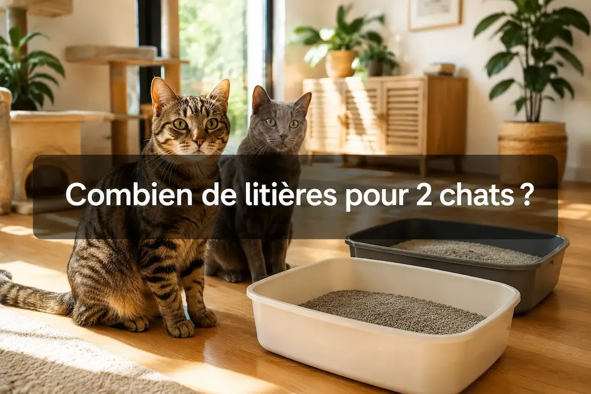 Deux chats devant deux bacs à litière dans une maison, question combien de litières pour 2 chats.