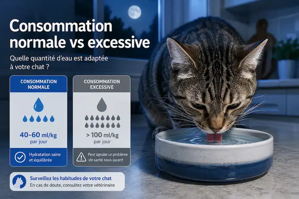 Consommation eau chat normale vs excessive avec chat buvant dans un bol et repères en ml/kg.