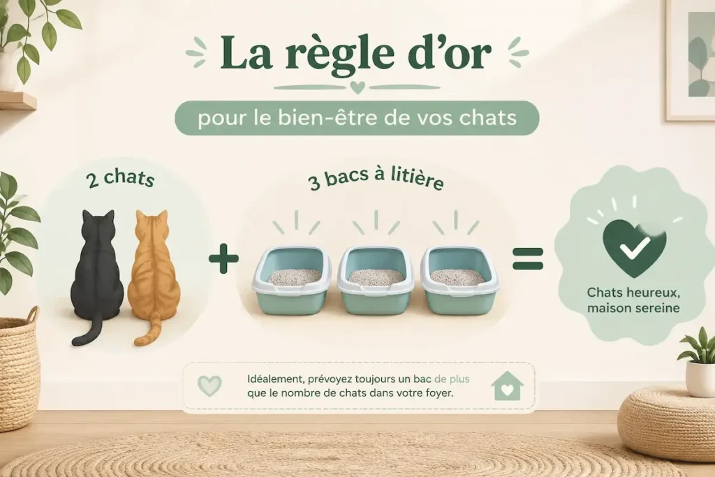 Infographie litières pour 2 chats montrant 3 bacs à litière comme règle idéale pour le bien-être des chats.