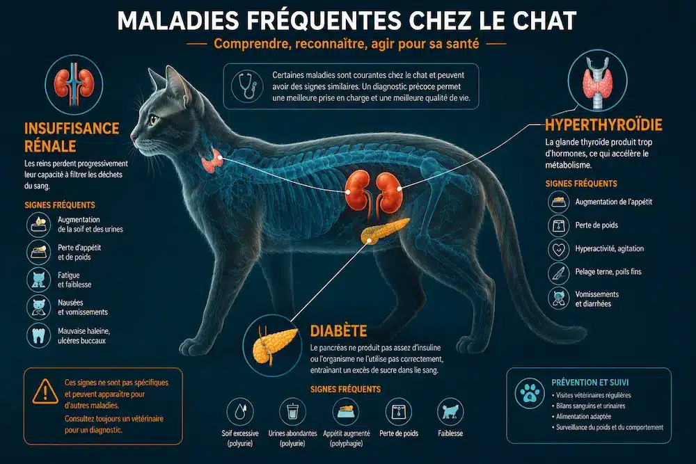 Infographie maladies fréquentes chez le chat avec insuffisance rénale, diabète et hyperthyroïdie et leurs symptômes.