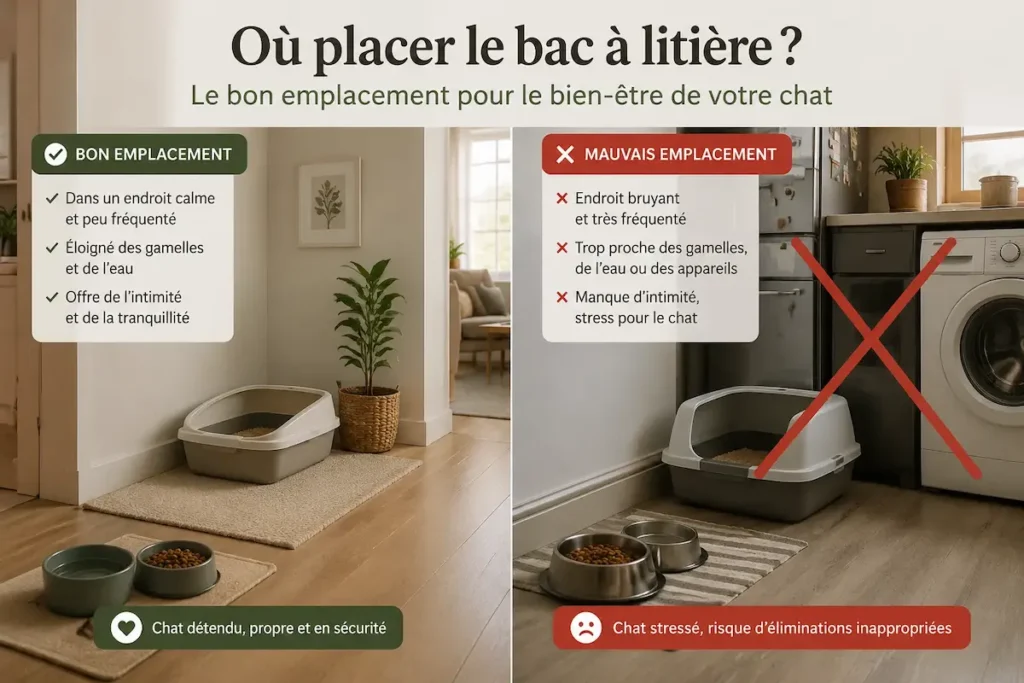 Infographie où placer bac à litière chat montrant bon emplacement calme et mauvais emplacement bruyant près des gamelles.