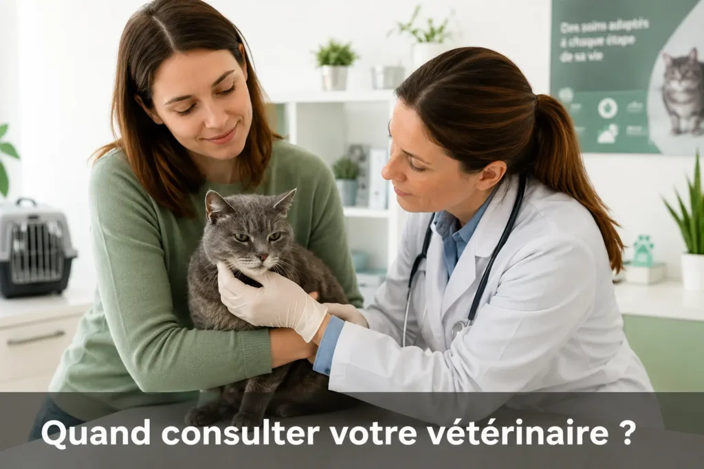 Consultation vétérinaire d’un chat avec propriétaire, examen en clinique pour un chat qui boit plus la nuit.