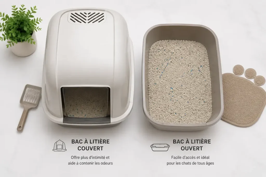 Comparaison bac litière ouvert ou couvert pour chat avec deux modèles et leurs caractéristiques.