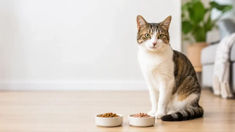 Chat adulte assis devant deux gamelles contenant des croquettes et de la pâtée.