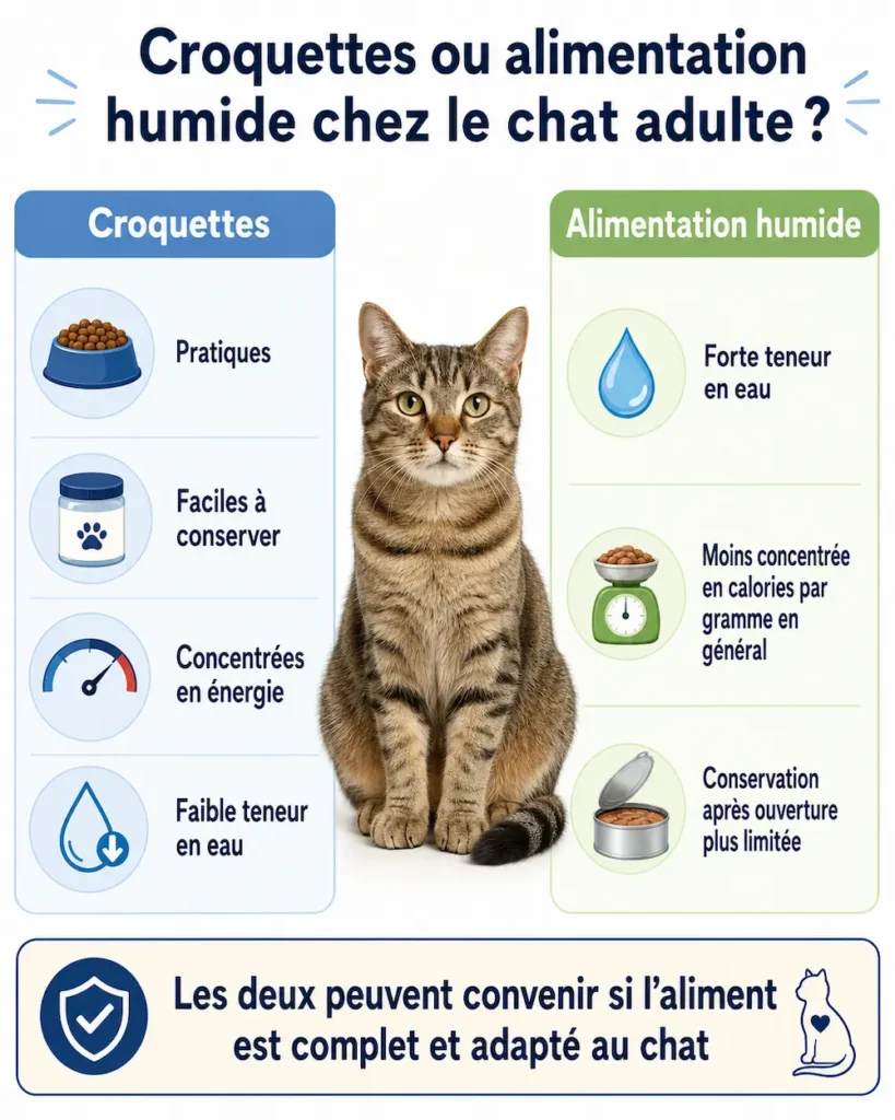 Infographie comparant croquettes et alimentation humide chez le chat adulte, notamment sur la teneur en eau, la conservation et la densité énergétique.