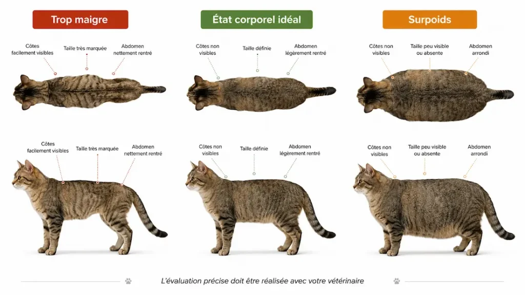 Infographie d’évaluation de la silhouette du chat comparant un chat trop maigre, un état corporel idéal et un chat en surpoids.