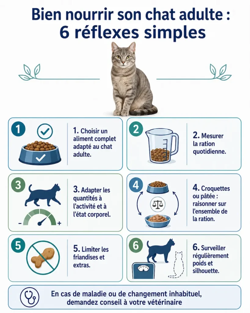 Infographie présentant 6 conseils pour bien nourrir un chat adulte, notamment la ration, le choix de l’aliment, les friandises et le contrôle du poids.