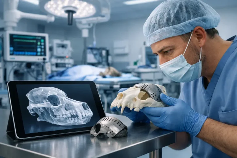 Chirurgien vétérinaire examinant un crâne de chien avec implant 3D et image radiographique sur écran en salle d’opération.