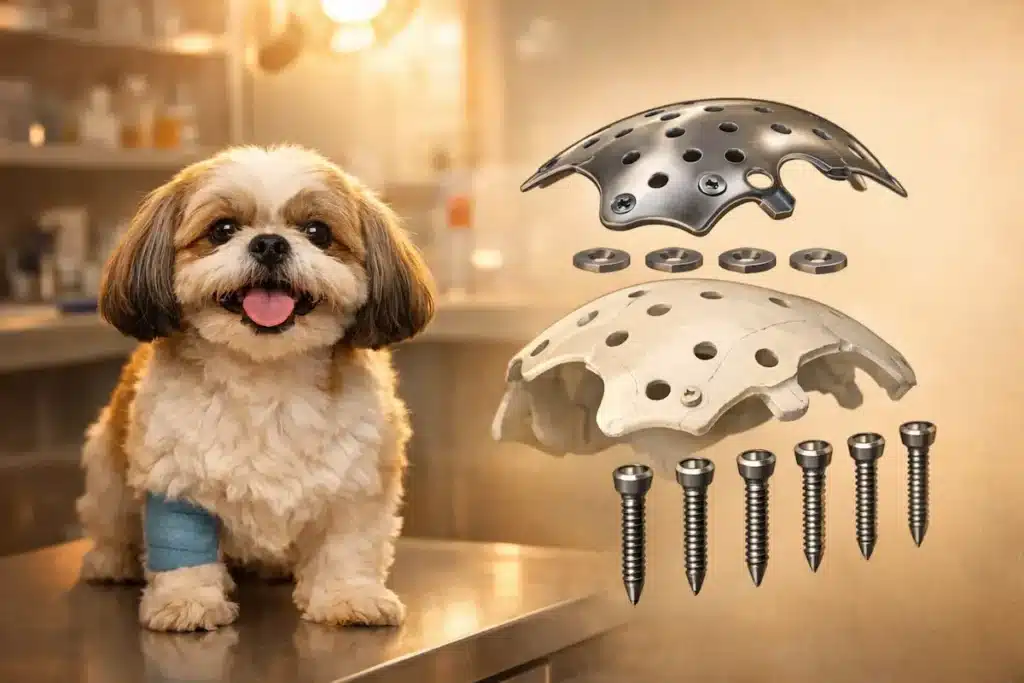 Chien avec schéma d’implant crânien 3D avec vis en chirurgie vétérinaire.