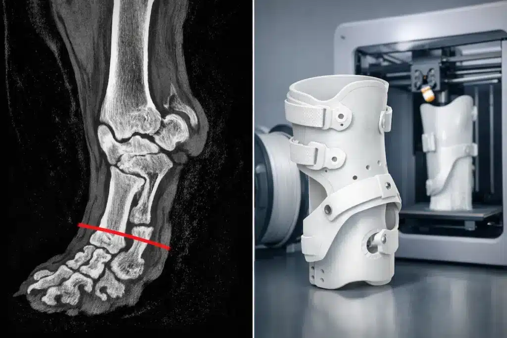Radiographie de fracture chez le chien et orthèse imprimée en 3D placée devant une imprimante 3D.