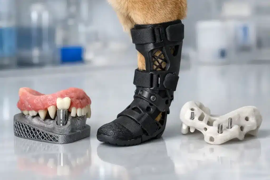 Orthèse de patte pour chien et modèles d’implants dentaires et osseux imprimés en 3D en contexte vétérinaire.