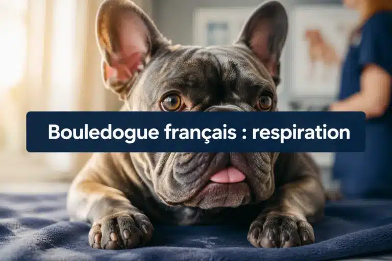 Bouledogue français allongé en consultation vétérinaire, illustrant le thème des problèmes respiratoires de cette rac