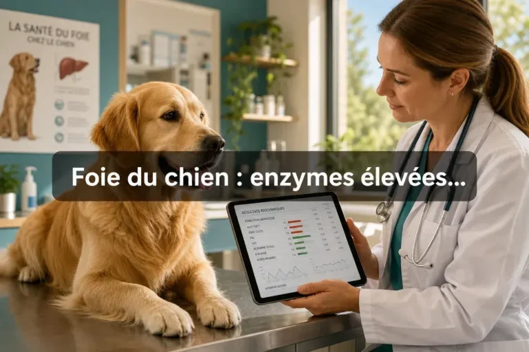 Vétérinaire consultant les résultats d’un bilan sanguin chez un chien pour évaluer des enzymes hépatiques élevées.