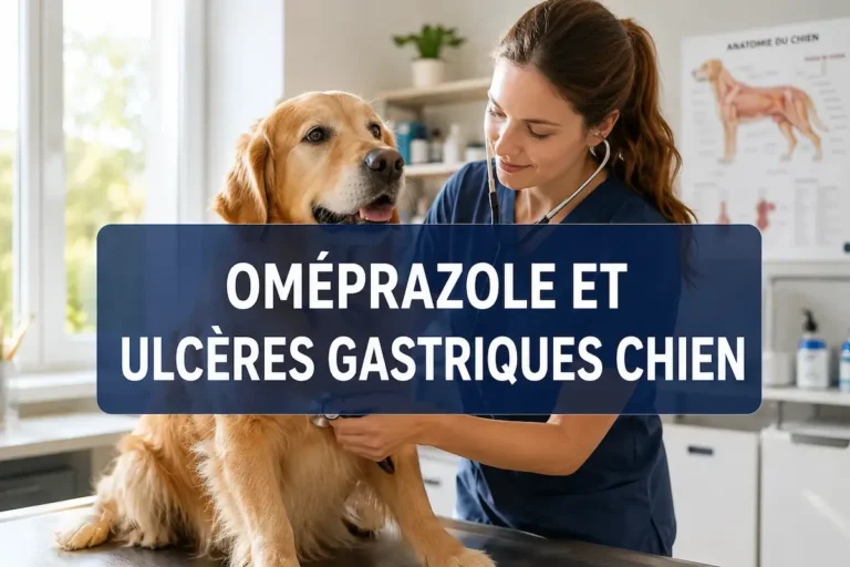 Vétérinaire examinant un chien avec le texte « Oméprazole et ulcères gastriques chien », illustrant l’usage de l’oméprazole chez le chien.