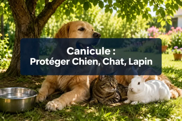 Chien, chat et lapin à l’ombre dans un jardin pendant une canicule, avec une gamelle d’eau à proximité.
