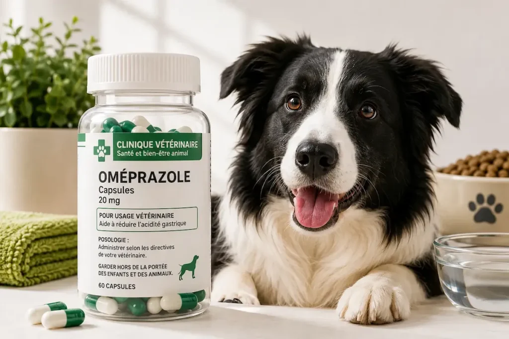 Chien à côté d’un flacon de capsules d’oméprazole 20 mg destiné à un usage vétérinaire. Légende