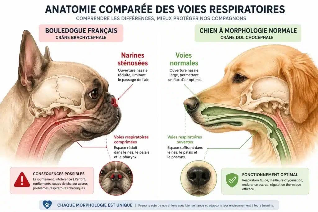 Anatomie comparée des voies respiratoires du Bouledogue français brachycéphale et d’un chien à museau allongé.