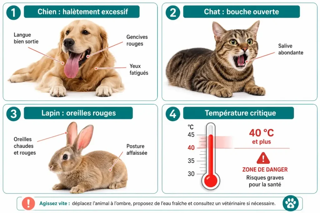 Signes du coup de chaleur chez le chien, le chat et le lapin avec halètement, bouche ouverte, oreilles rouges et température critique.
