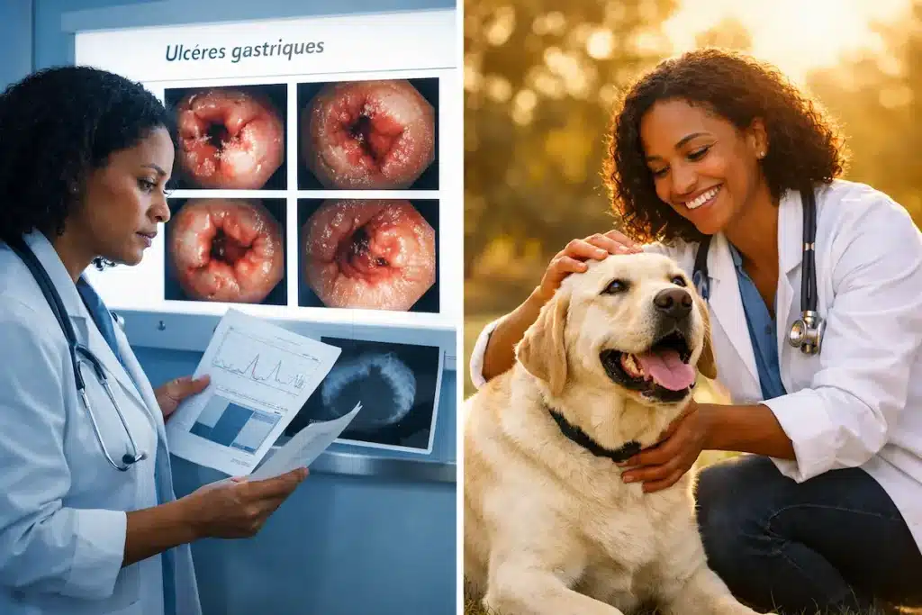 Vétérinaire examinant des images d’ulcères gastriques et vétérinaire avec un chien, illustrant l’oméprazole dans le contexte des ulcères gastriques chez le chien.