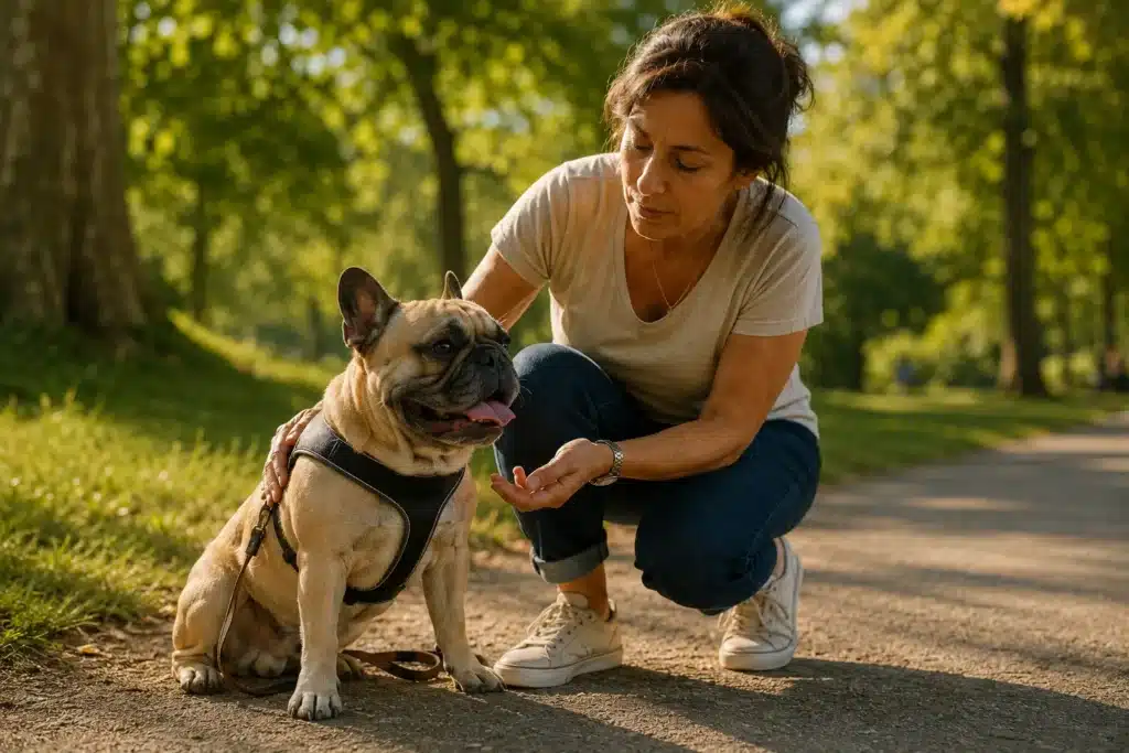 Bouledogue français haletant pendant une promenade, accompagné par sa propriétaire dans un parc.