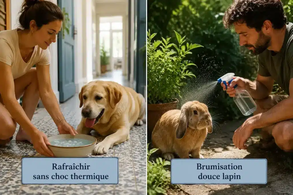 Prévention du coup de chaleur chez le chien et le lapin avec rafraîchissement progressif et brumisation douce.